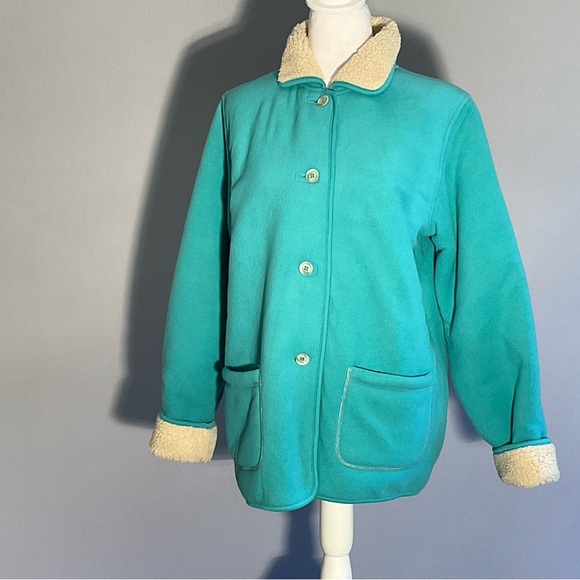 Denim & Co Turquoise Fleece Jacket Sherpa Collar Cozy Casual Button Front - Picture 11 of 16